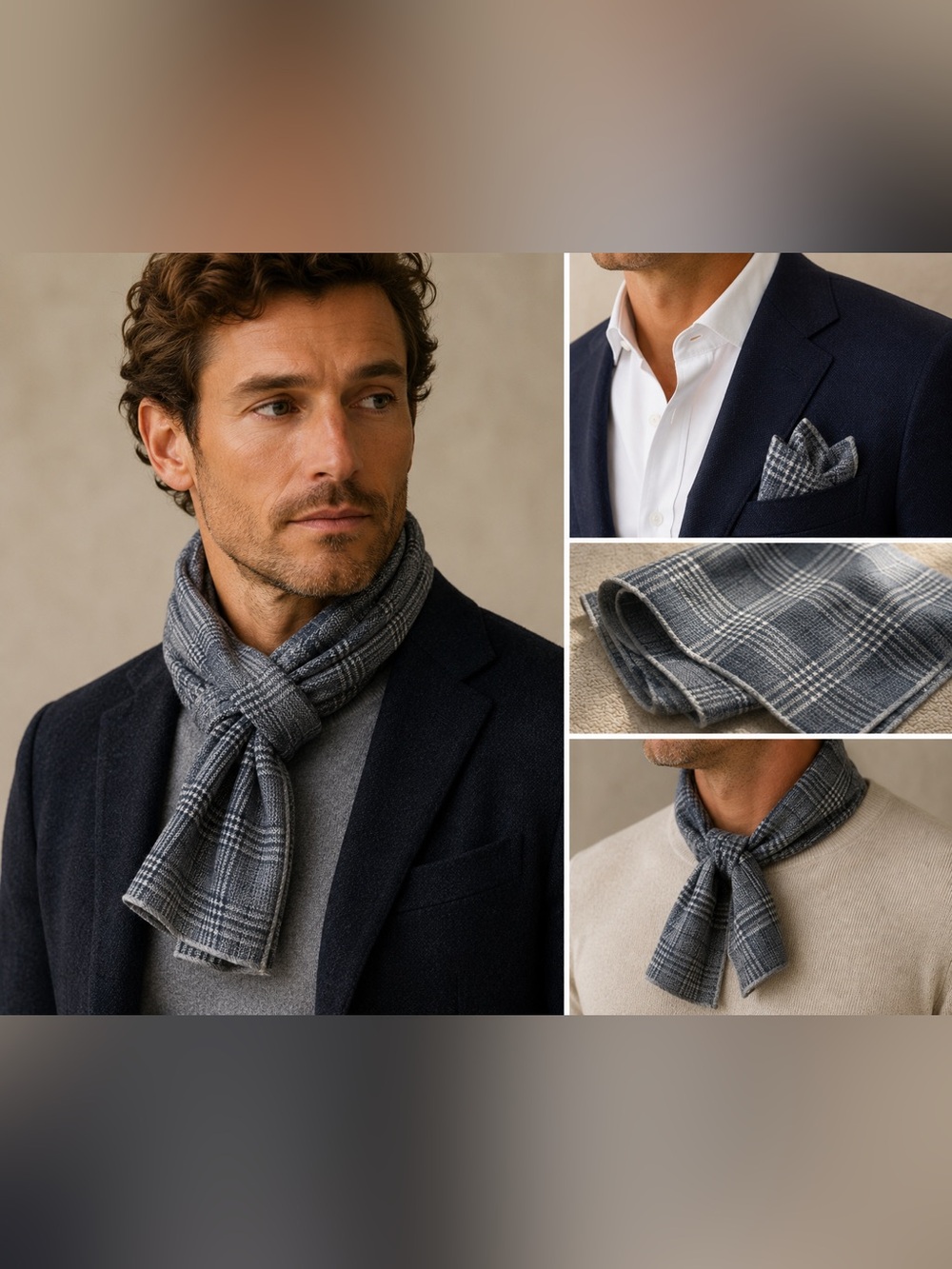 Brunello Cucinelli Gray Plaid Wool Silk Pocket Square Scarf Made In Italy